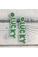 SongLily/Faire Beaded Green/White Lucky Earrings