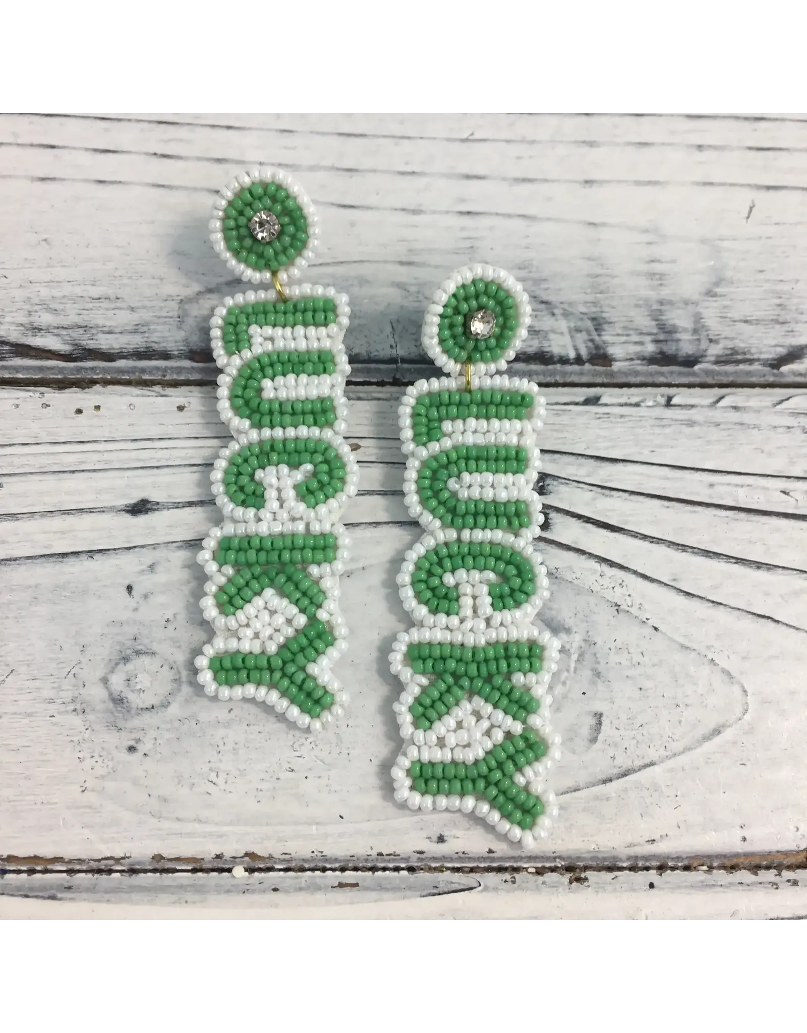 SongLily/Faire Beaded Green/White Lucky Earrings