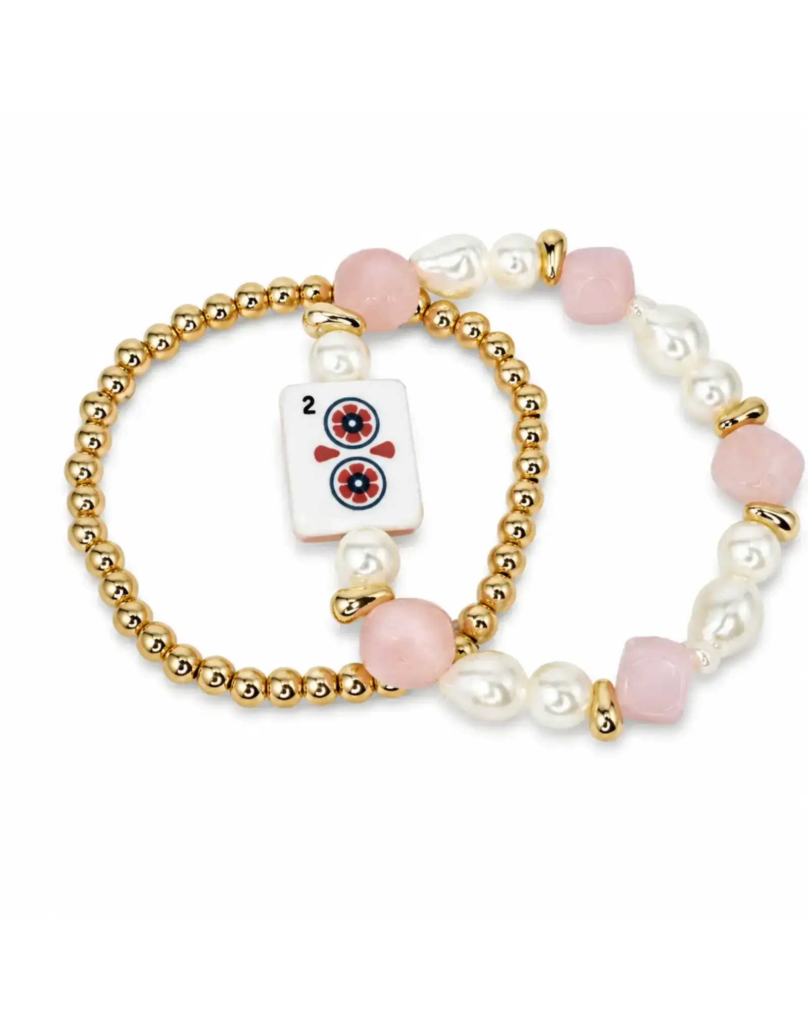 Ellison & Young/Faire Mahjong Tile Beaded Bracelet, 2-Piece Set - Lucky Pink