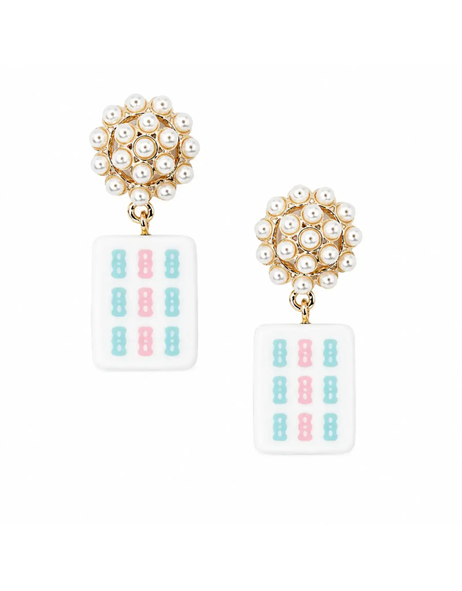Ellison & Young/Faire Mahjong Tile Pearl Cluster Drop Earrings - Minty Bamboo