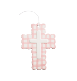 Mud Pie Pink Ceramic Gingham Cross