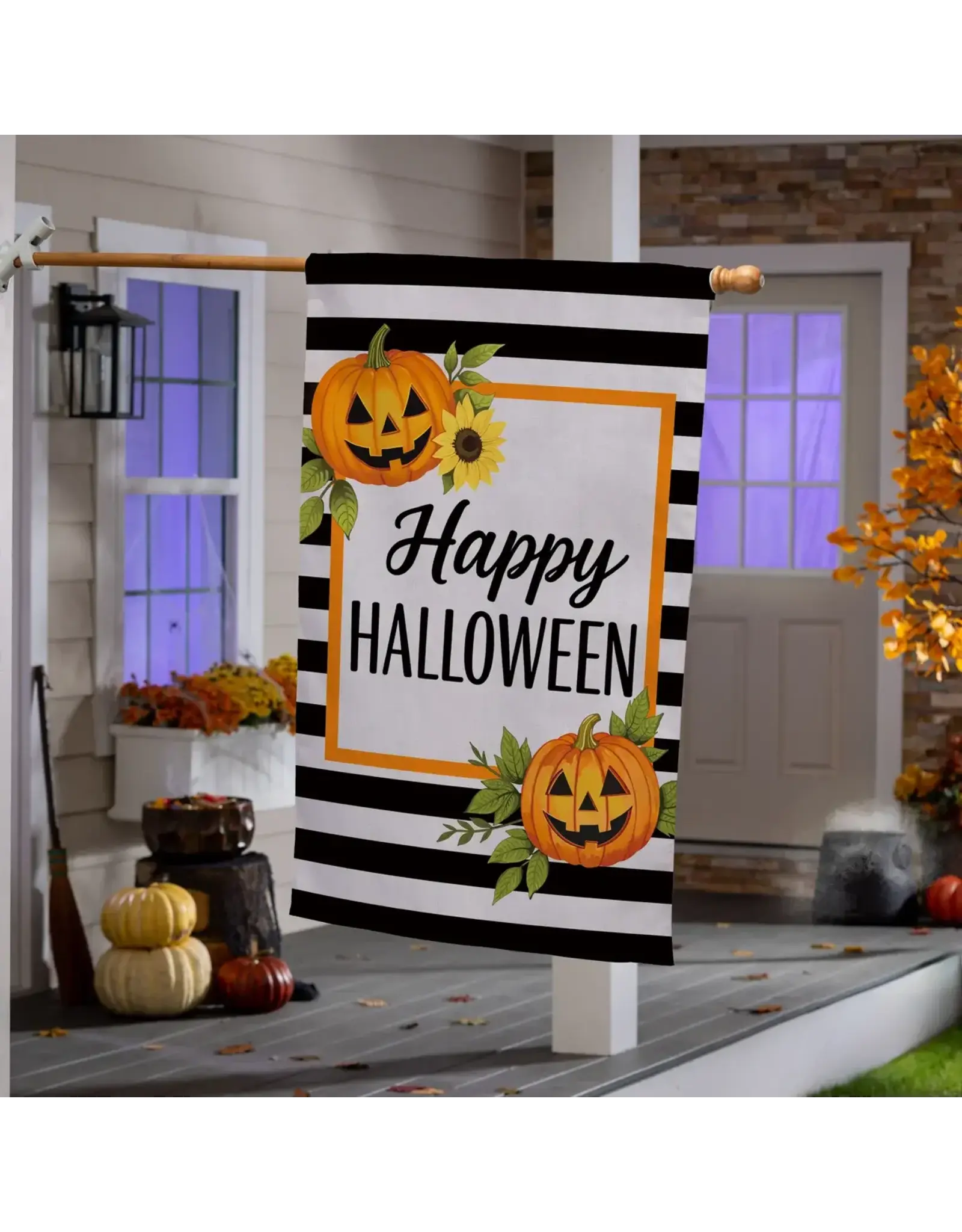 Evergreen Enterprises Happy Halloween Striped Jack O' Lanterns Burlap House Flag