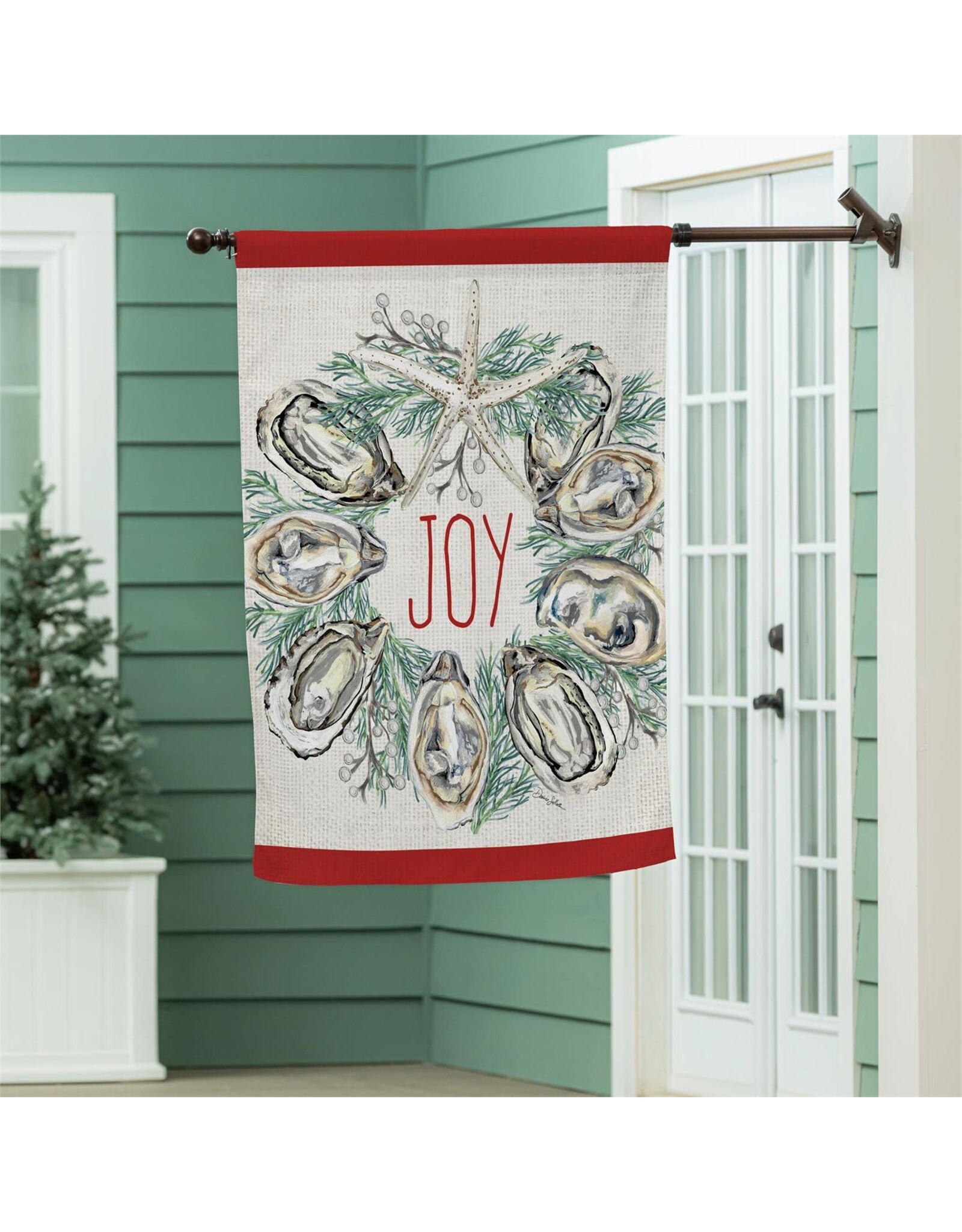 Evergreen Enterprises Joyful Oyster Wreath & Tree Front Back Suede House Flag
