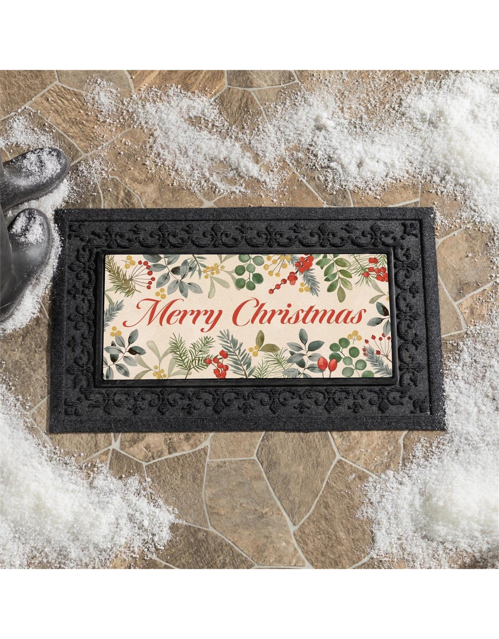 Evergreen Enterprises VivaStyle Festive Foliage Flocked Sassafras Mat, "Merry Christmas"