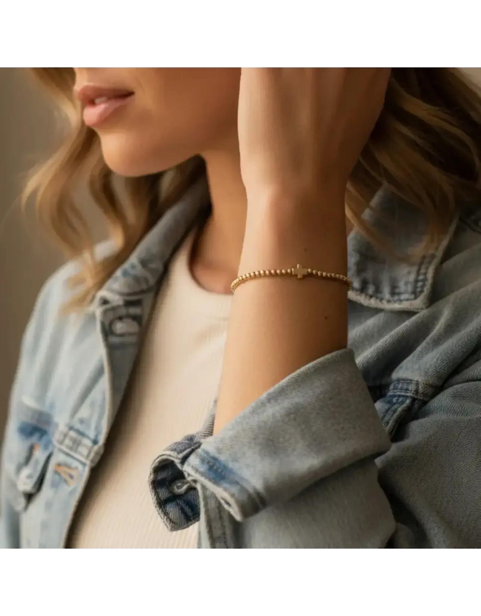 Lenny & Eva/Faire Faith Over Fear Gold Beaded Stretch Bracelet w/ Cross