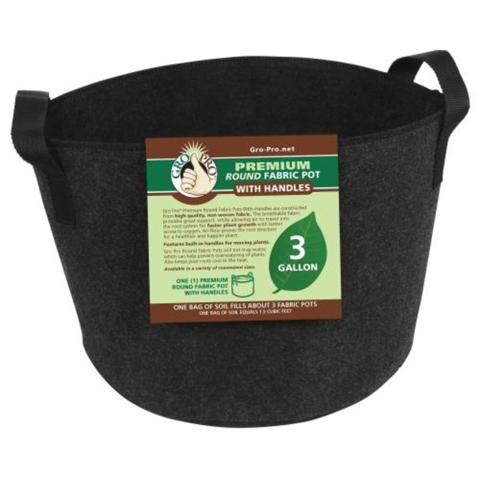 Gro Pro Gro Pro Premium Round Fabric Pot w/ Handles 3 Gallon - Black (72/Cs)