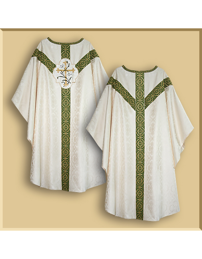 Semi-Gothic Low Mass Set - White Damask with Olive Green Orphreys and Lily Emblem