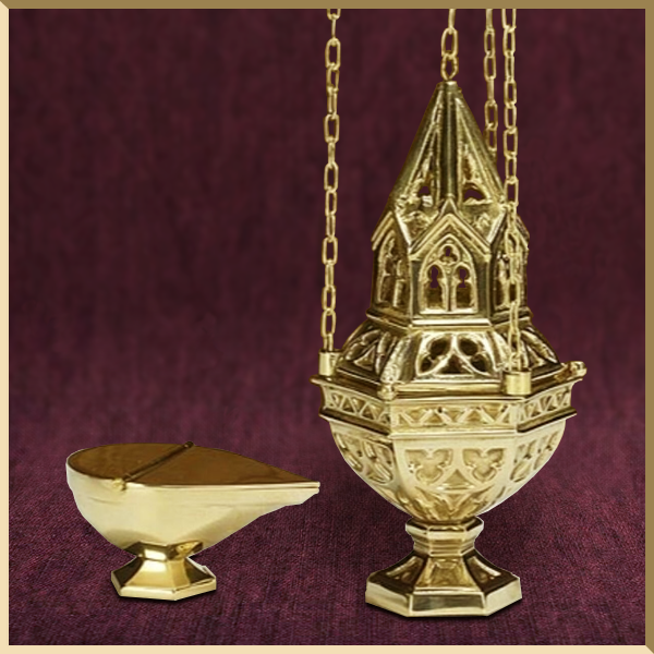 GREAT ORNATE GOTHIC BRASS BOAT AND SPOON #75 (Censer, Chalice, Church)