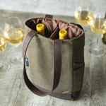 Picnic Time 2 Bottle Insulated Wine Cooler Tote Bag - Distressed Canvas - Khaki Green with Beige Accents
