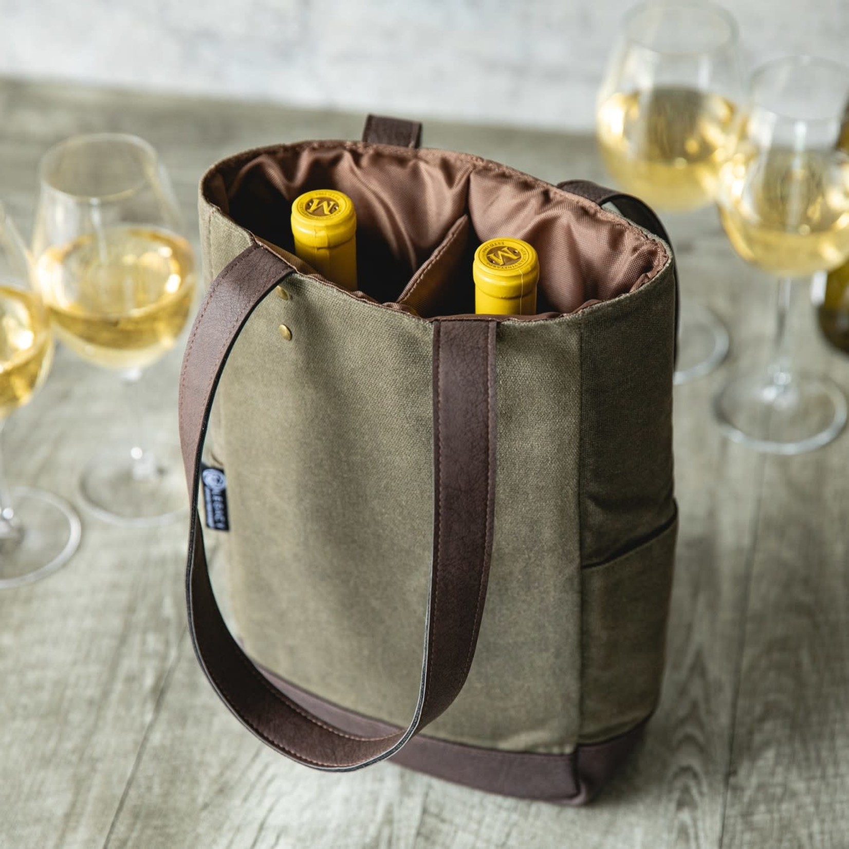 Picnic Time 2 Bottle Insulated Wine Cooler Tote Bag - Distressed Canvas - Khaki Green with Beige Accents