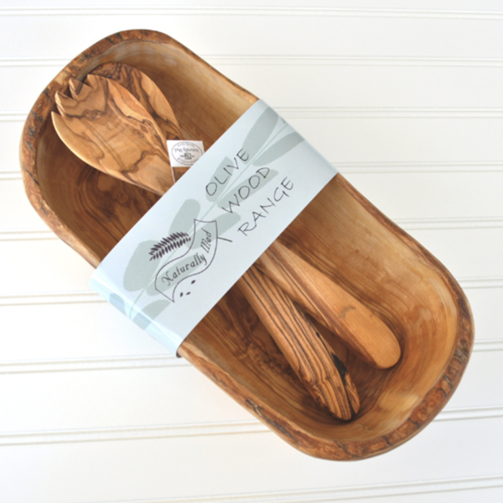 Naturally Med Olive Wood Gift Set Natural Boat Shaped Bowl and Salad Servers