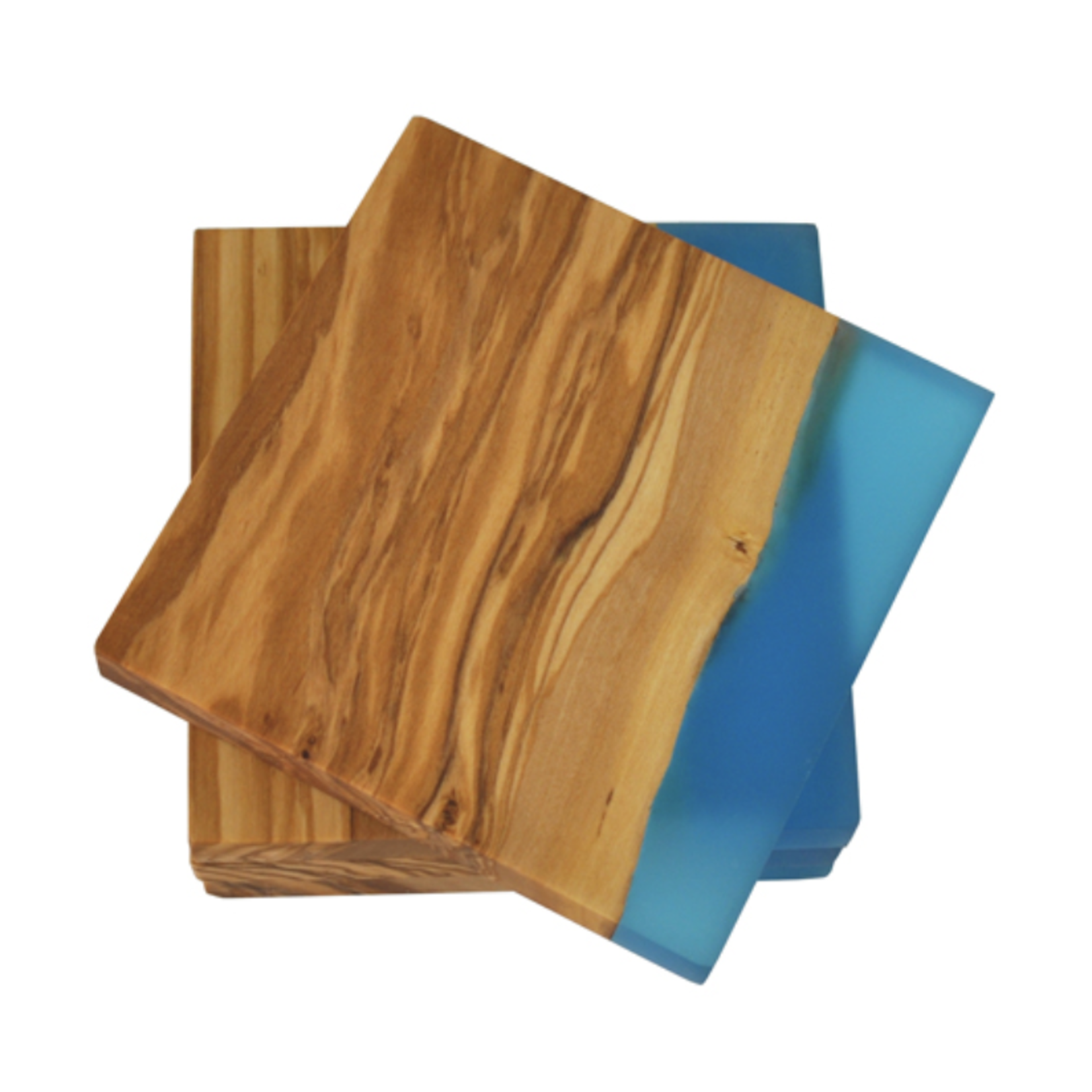Naturally Med Olive Wood Square Coasters with Blue Resin Shoreline. Set of 4
