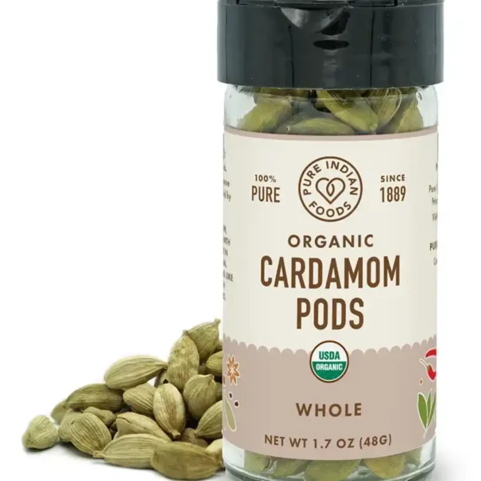 Pure Indian Foods Cardamom Green Whole Pods, Certified Organic