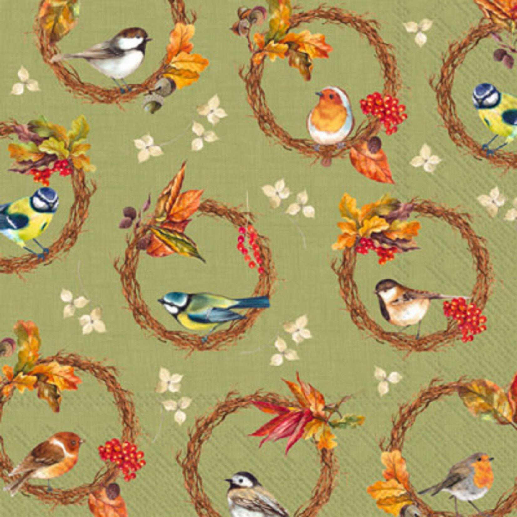Luncheon Napkin, Birds In The Wreath Green