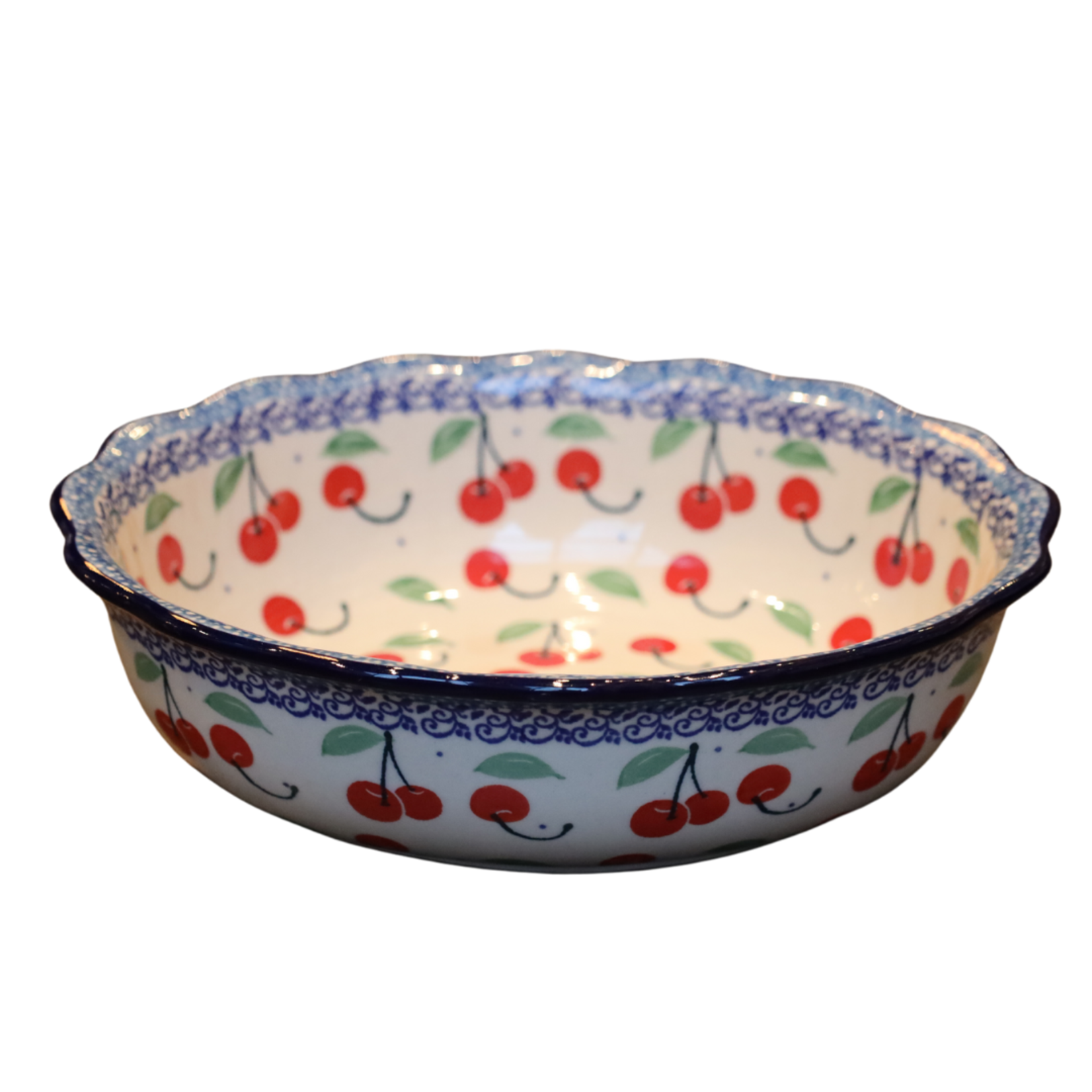 Polish Pottery Oval Scalloped Bowl, Cherries | Polish Pottery