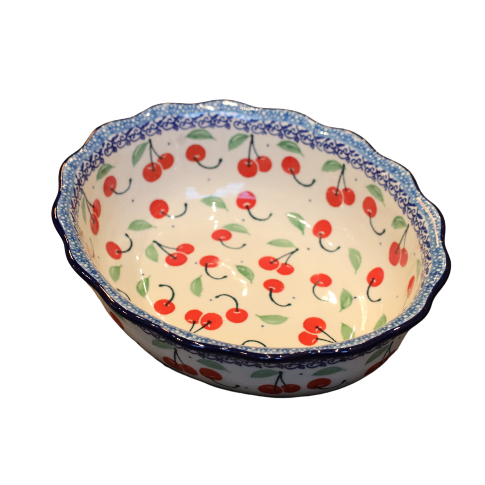 Polish Pottery Oval Scalloped Bowl, Cherries | Polish Pottery