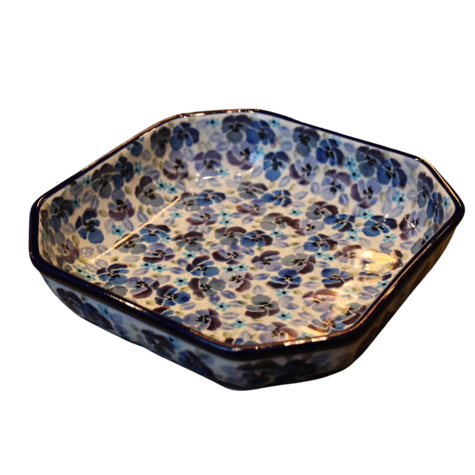 Polish Pottery Octagonal Bowl UNIKAT, Blue Flowers | Polish Pottery