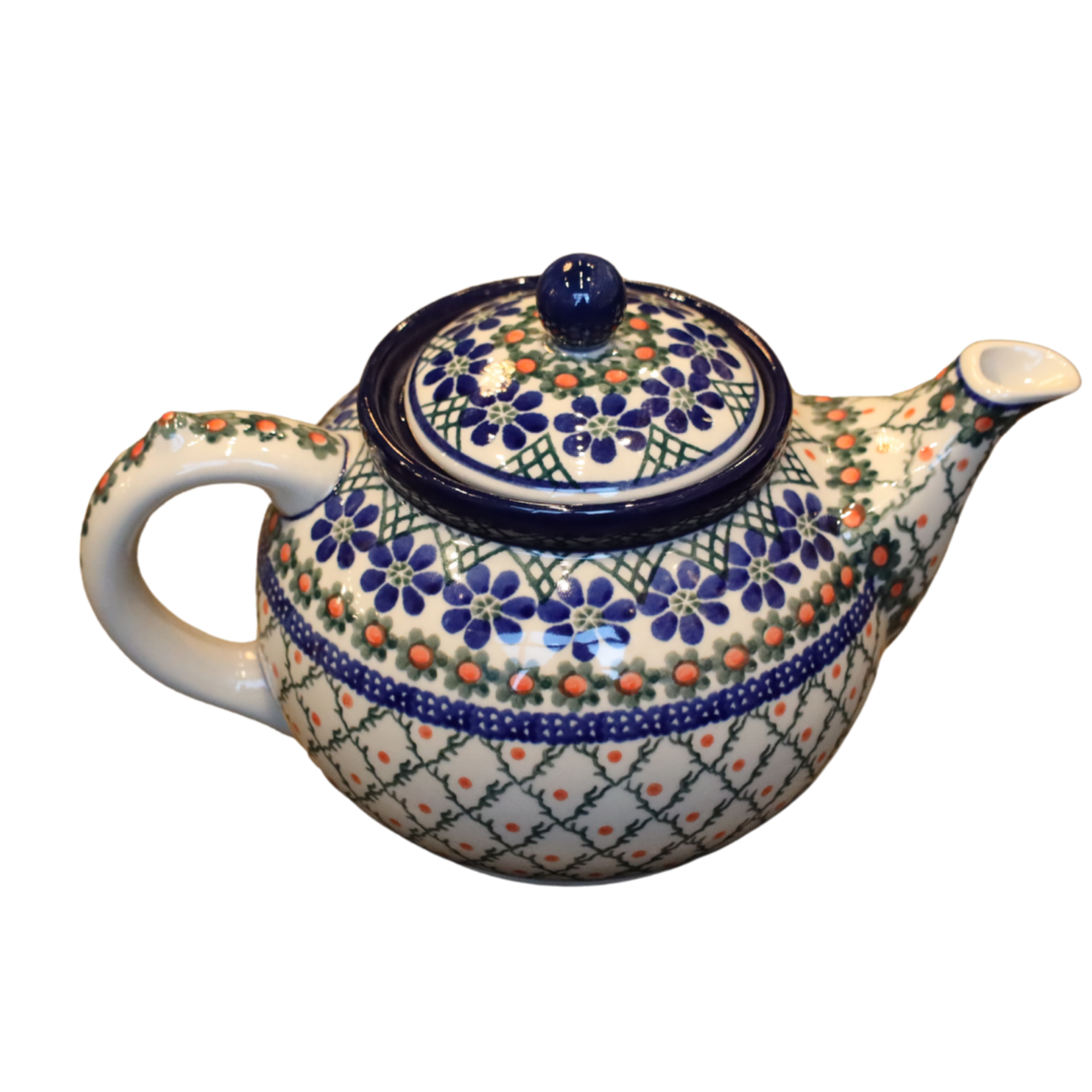 Polish Pottery Teapot 5 Cup, Blue & Orange | Polish Pottery