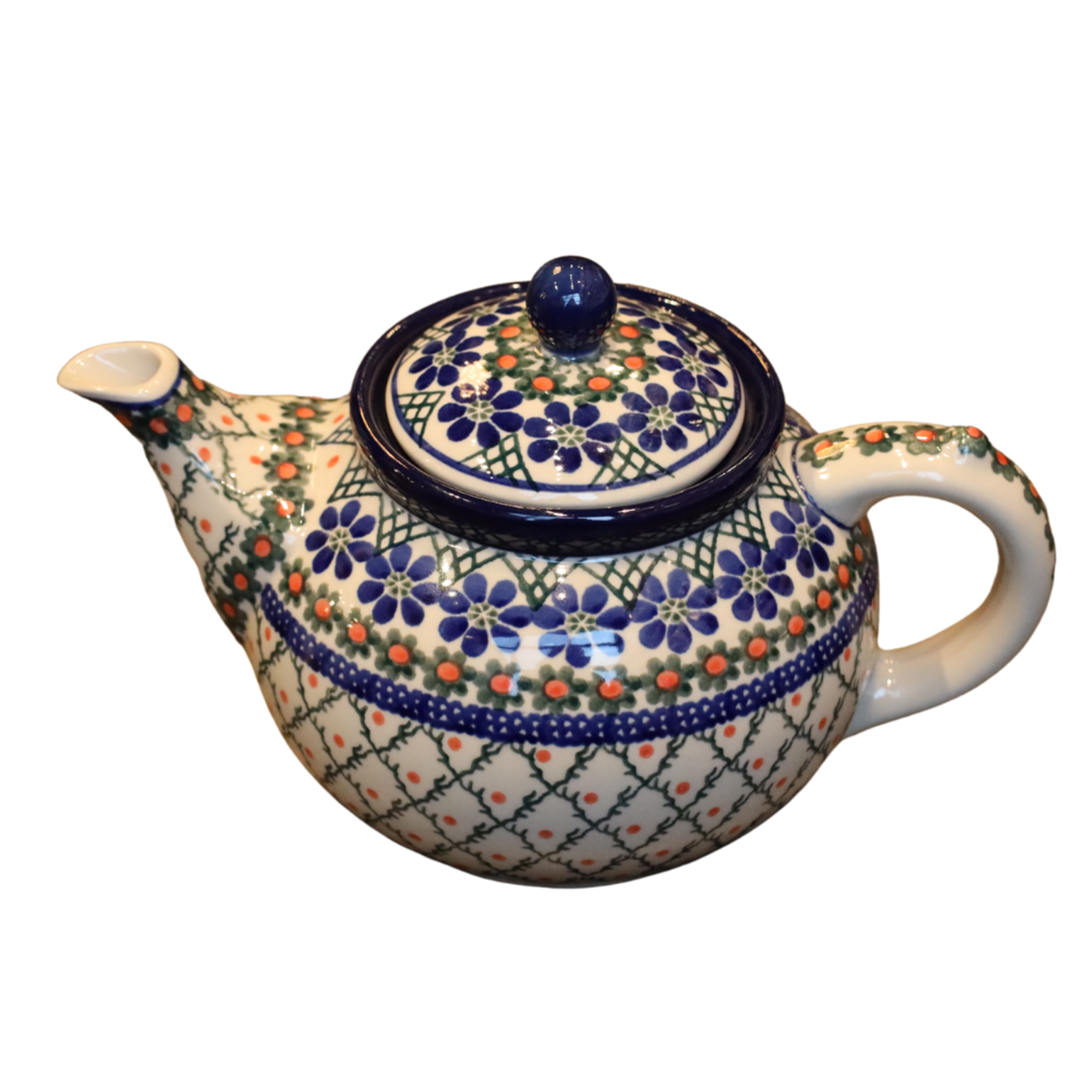 Polish Pottery Teapot 5 Cup, Blue & Orange | Polish Pottery