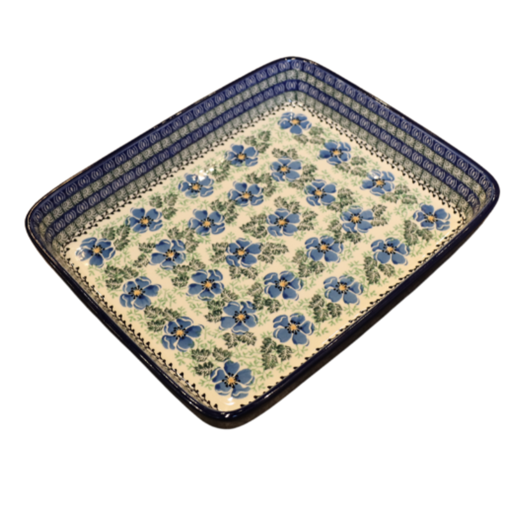 Polish Pottery Shallow Baker 10.75"x8.50, Blue Flowers | Polish Pottery