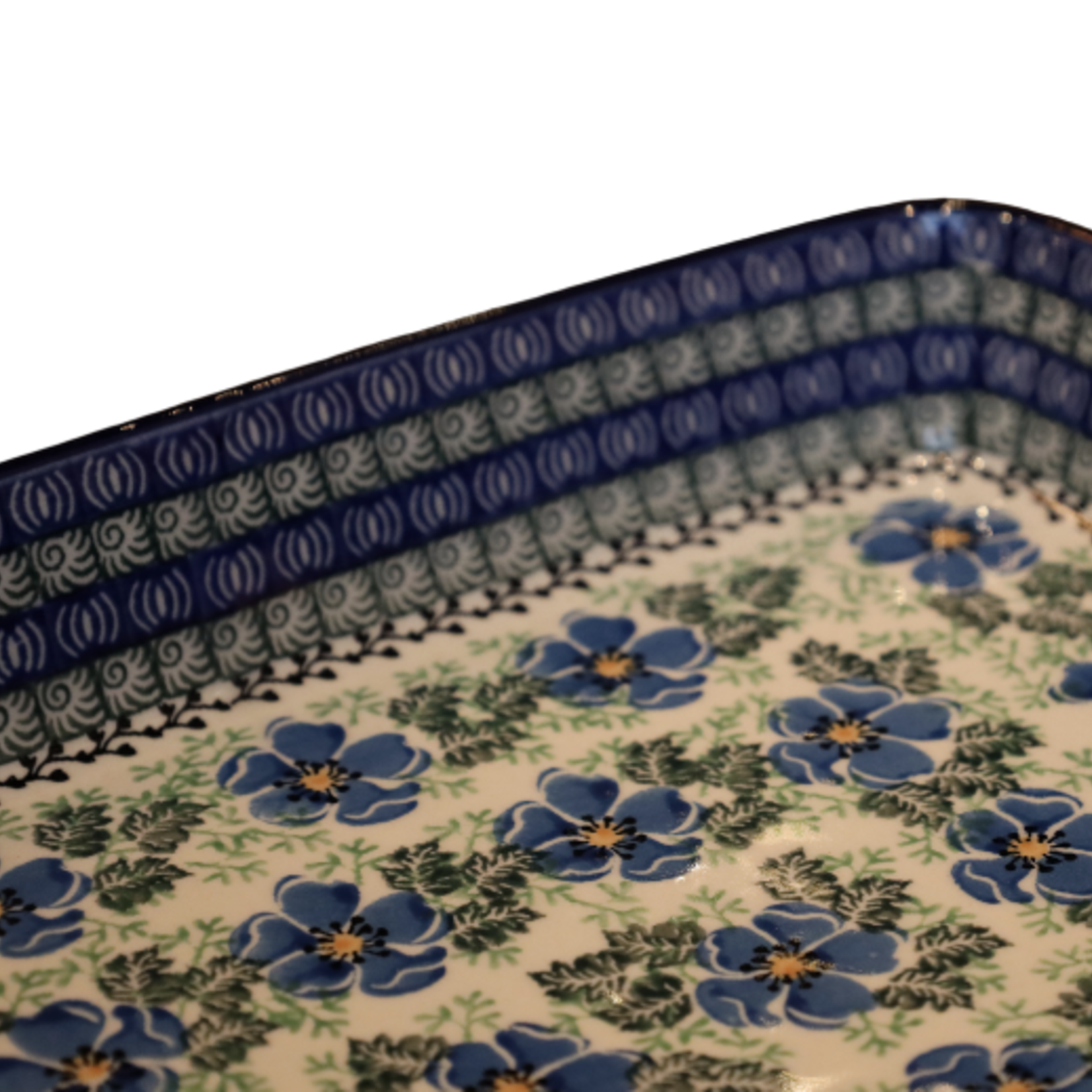 Polish Pottery Shallow Baker 10.75"x8.50, Blue Flowers | Polish Pottery