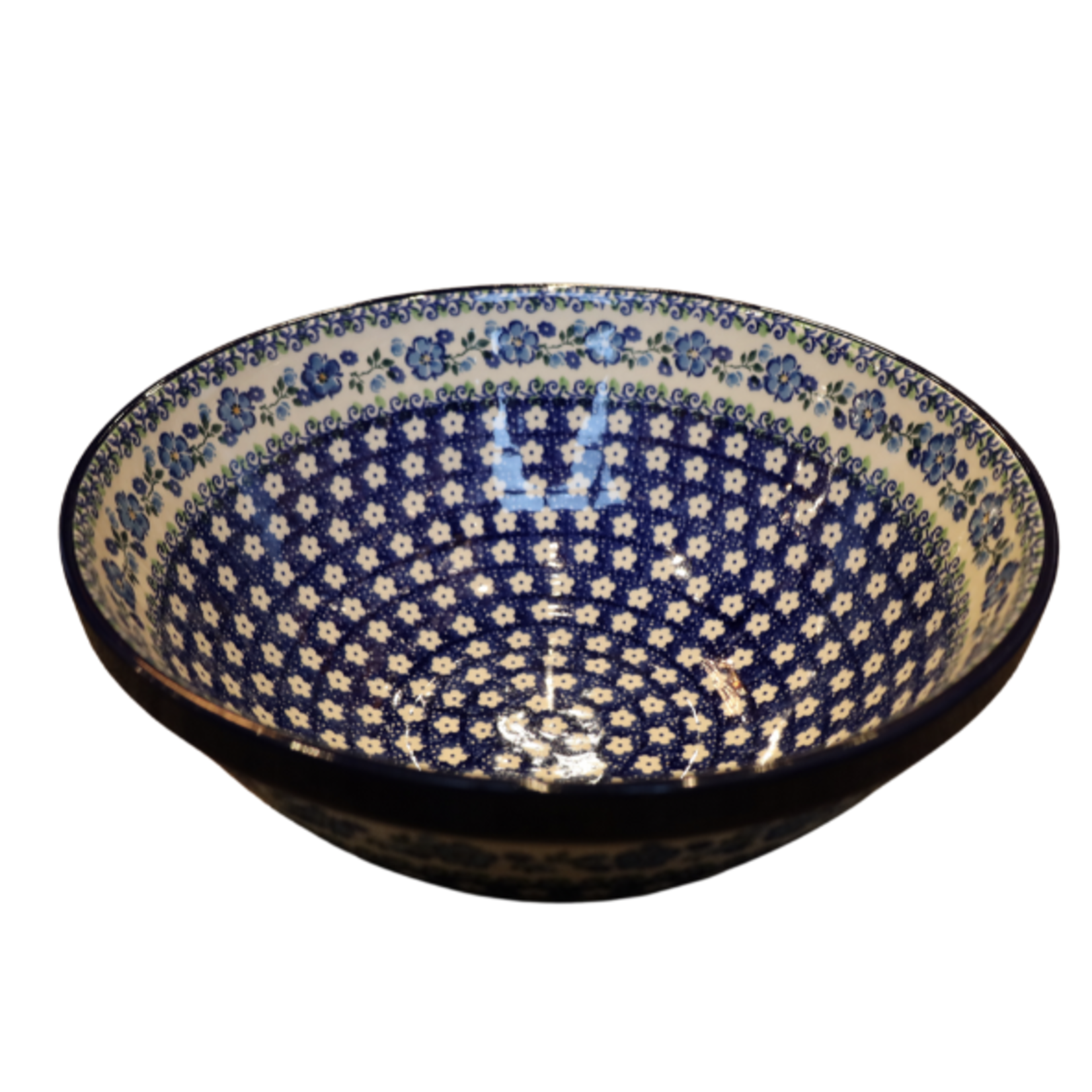 Polish Pottery Large Kitchen Bowl, Blue Flowers | Polish Pottery