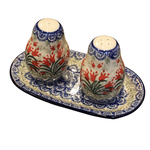 European Design Imports Inc. Polish Pottery Salt & Pepper w/ Tray, Red Tulips