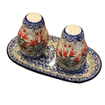 Polish Pottery Salt & Pepper w/ Tray, Red Tulips | Polish Pottery
