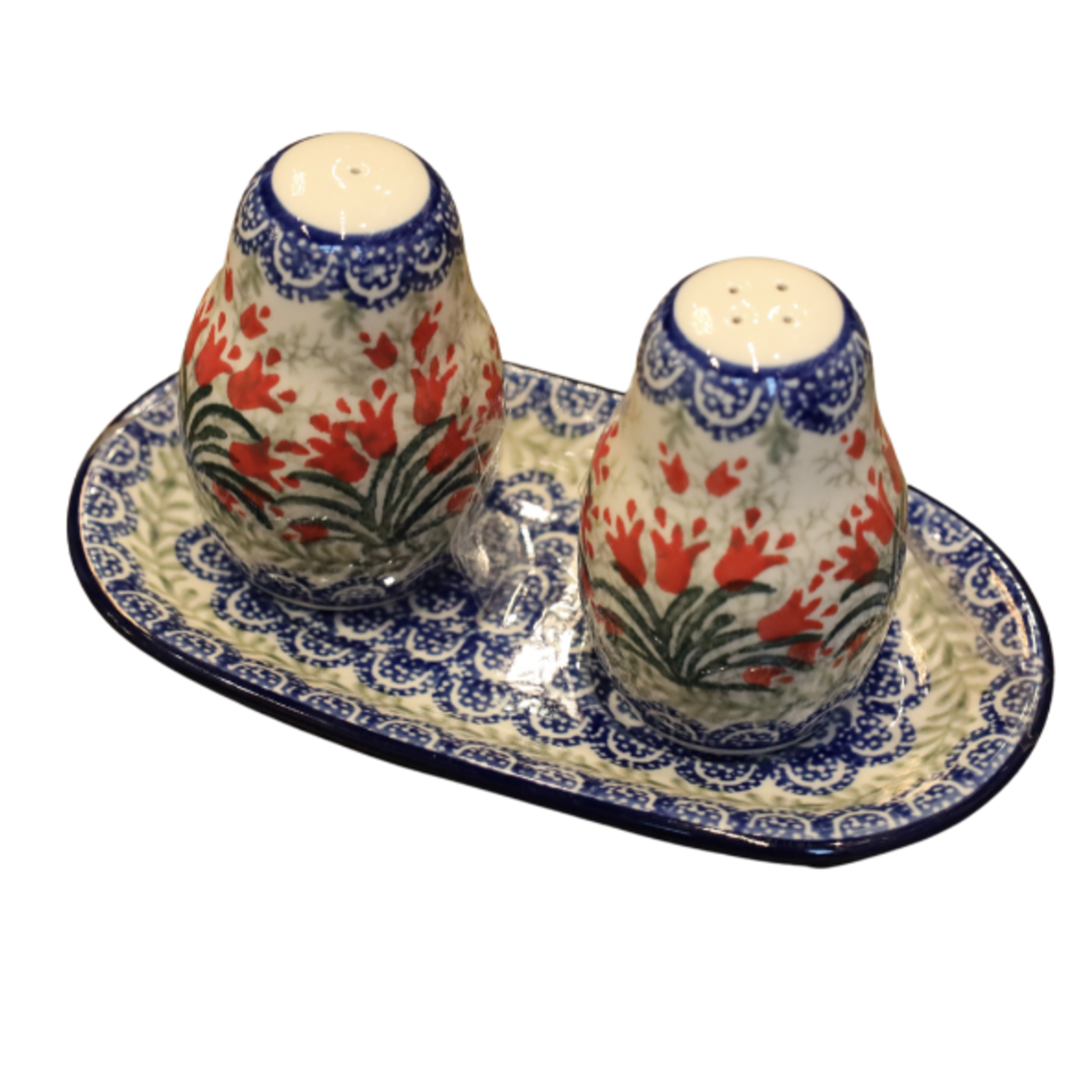 Polish Pottery Salt & Pepper w/ Tray, Red Tulips | Polish Pottery