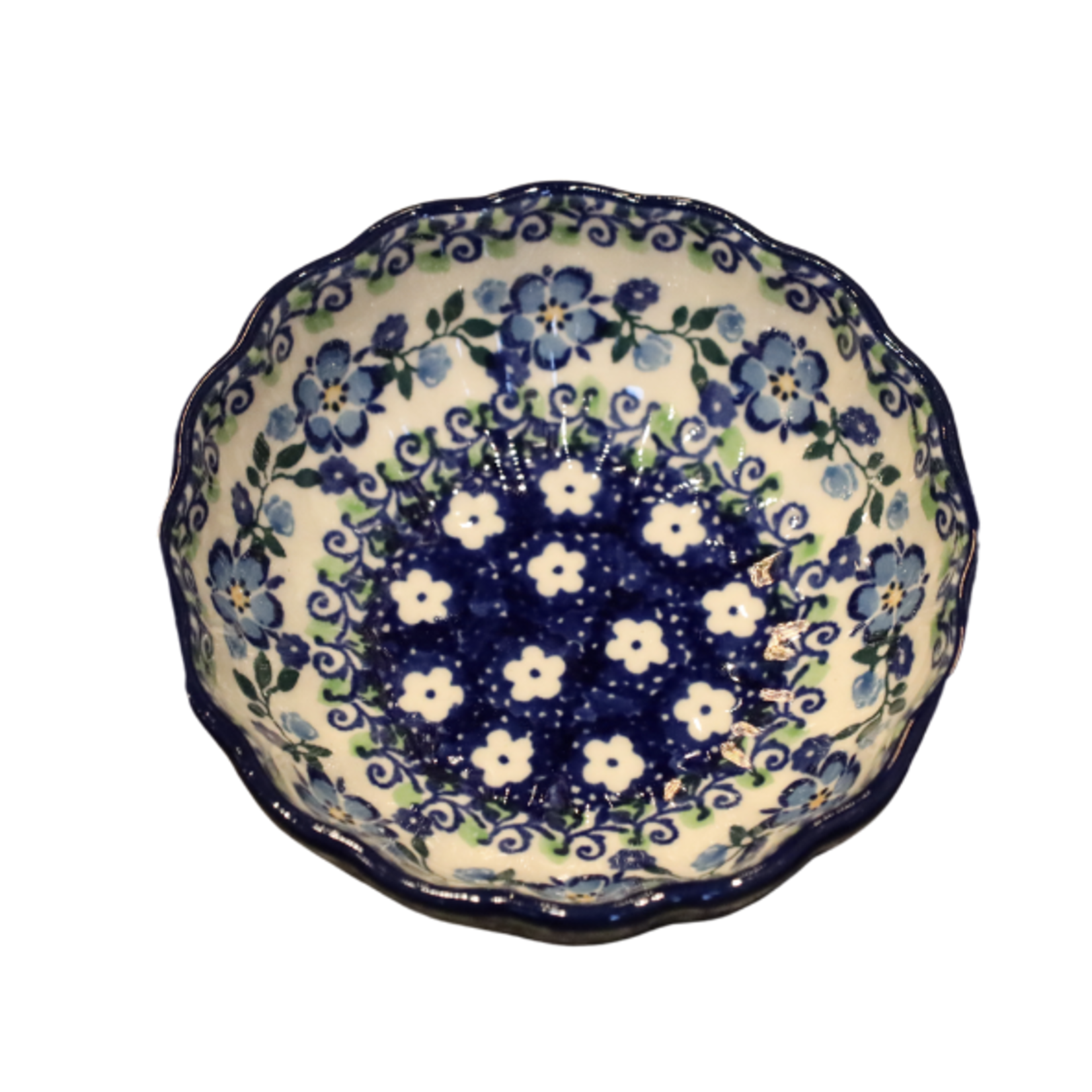 European Design Imports Inc. Polish Pottery Scalloped Bowl, 4.5" Blue Flower