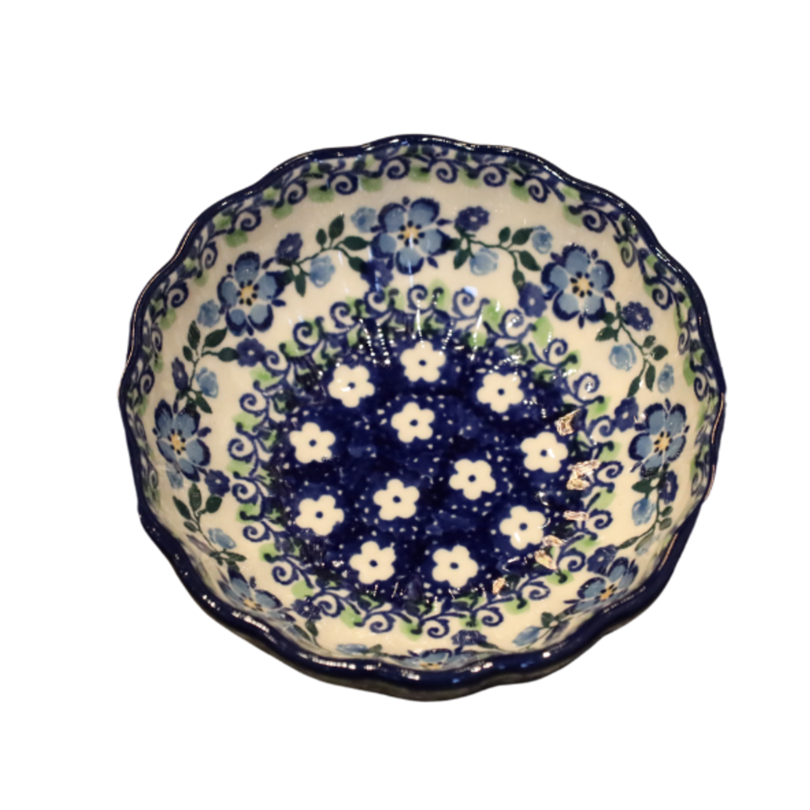 Polish Pottery Scalloped Bowl, 4.5" Blue Flower | Polish Pottery
