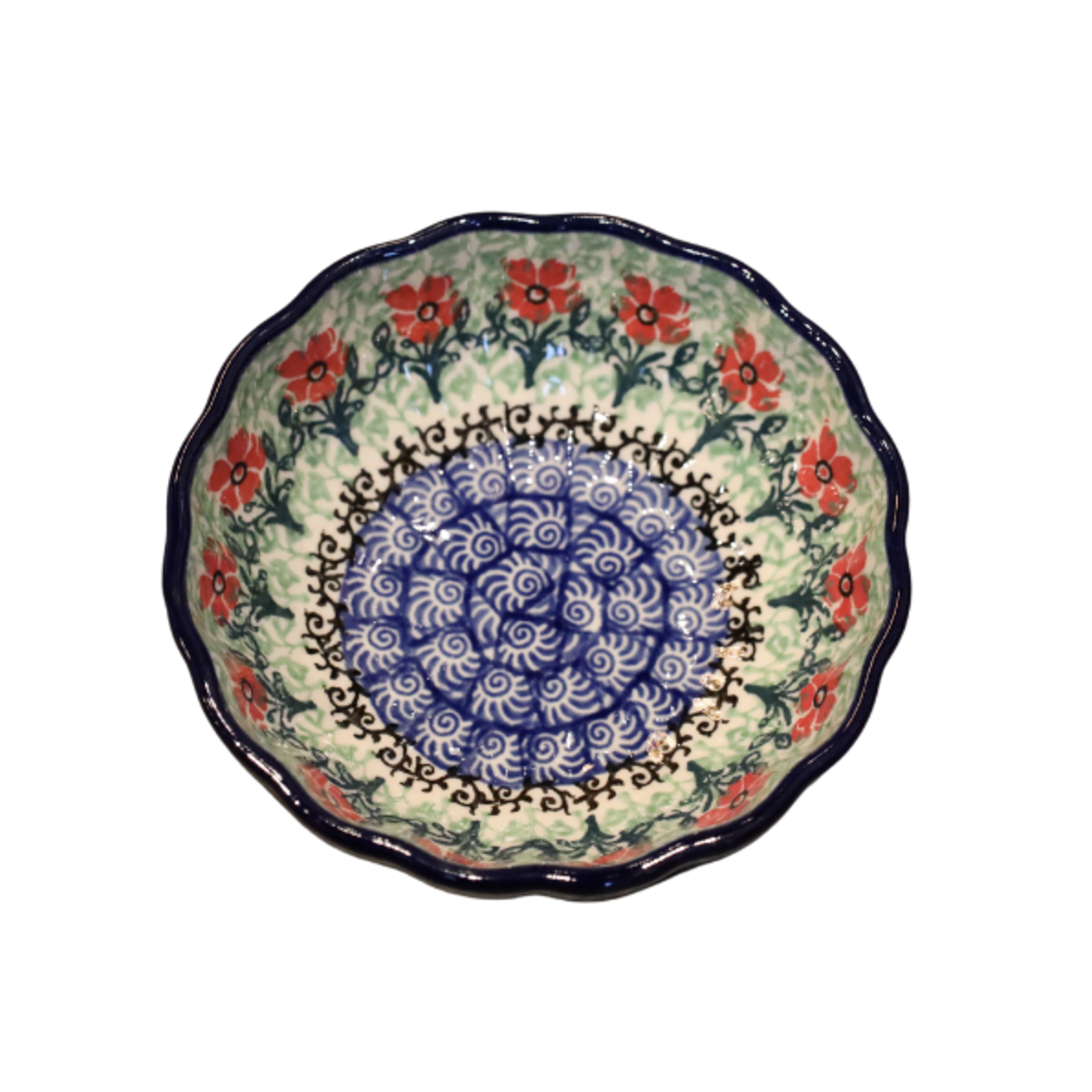 European Design Imports Inc. Polish Pottery Scalloped Bowl, 4.5" Red Flowers