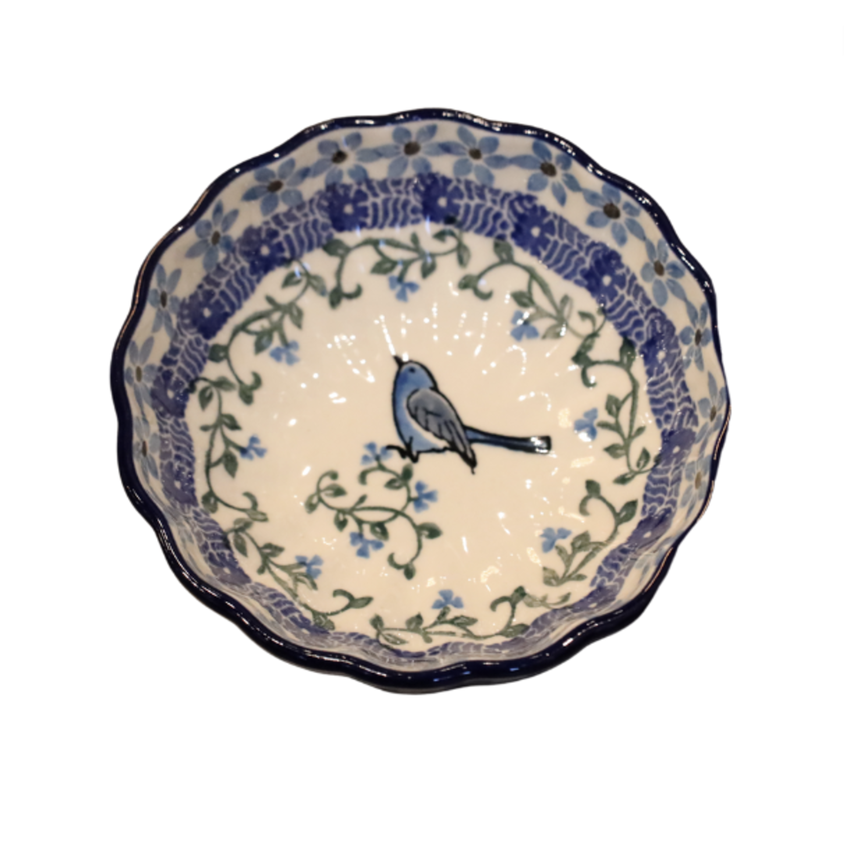 European Design Imports Inc. Polish Pottery Scalloped Bowl, 4.5" Blue Bird