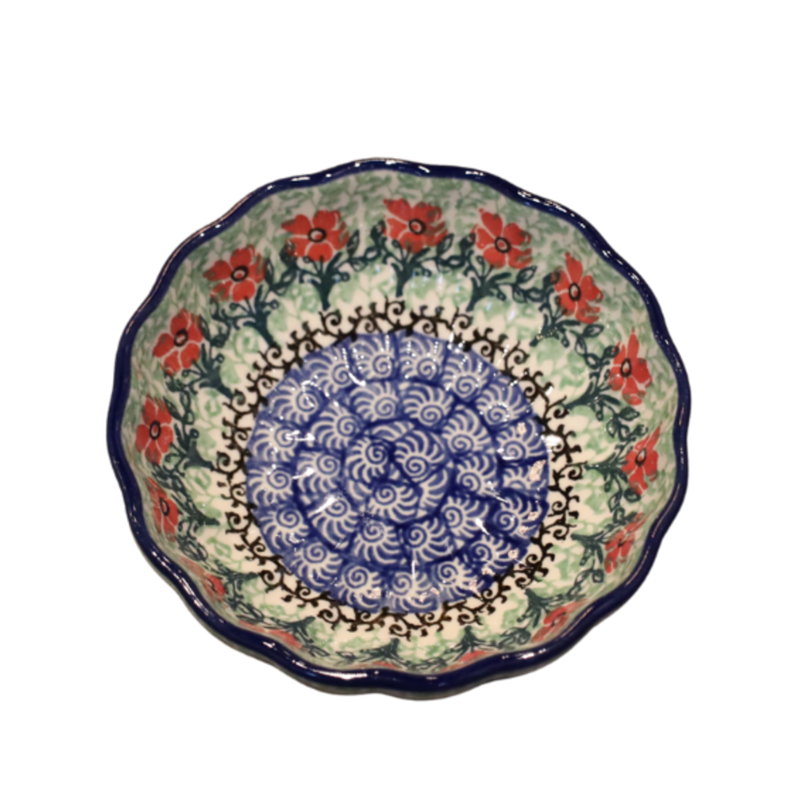 Polish Pottery Scalloped Bowl, 4.5" Red/Blue | Polish Pottery