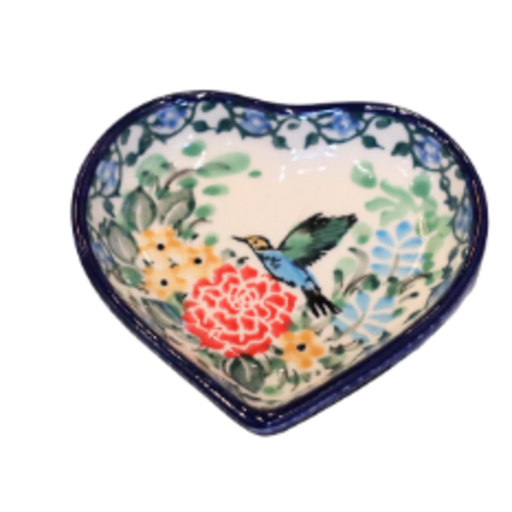 Polish Pottery Small Heart Dish 3" UNIKAT, Blue Bird | Polish Pottery