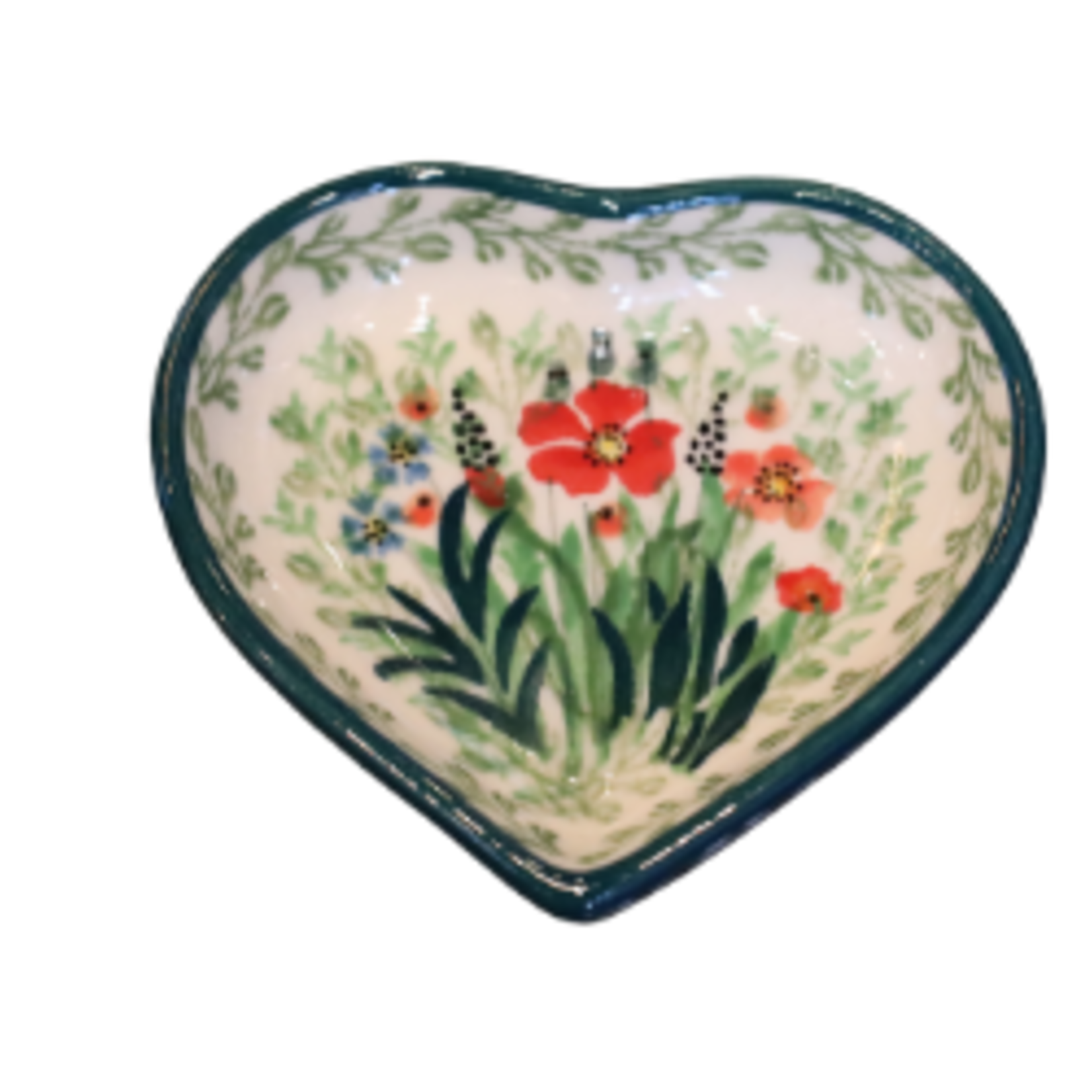 Polish Pottery Small Heart Dish 3" UNIKAT, Red Flower | Polish Pottery