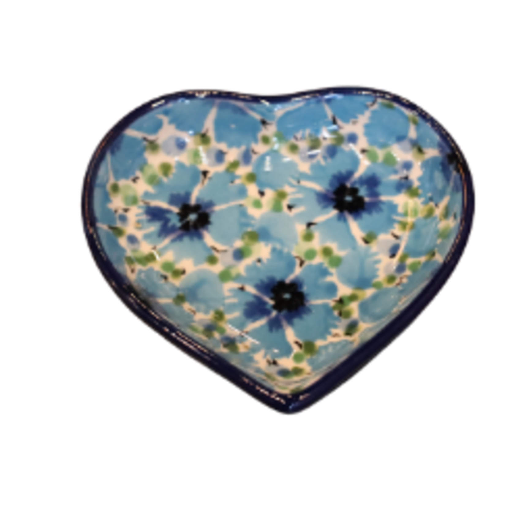 Polish Pottery Small Heart Dish 3" UNIKAT, Blue Flower | Polish Pottery