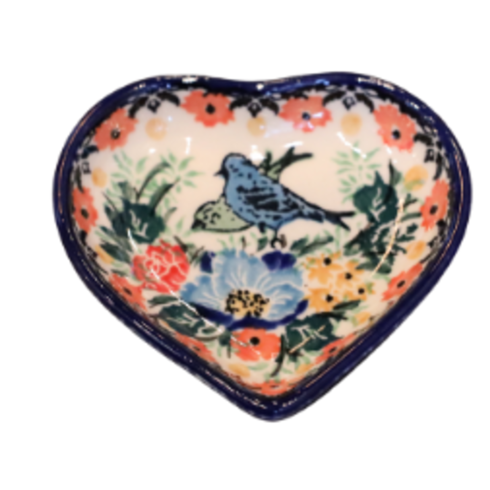 Polish Pottery Small Heart Dish 3" UNIKAT, Two Birds | Polish Pottery