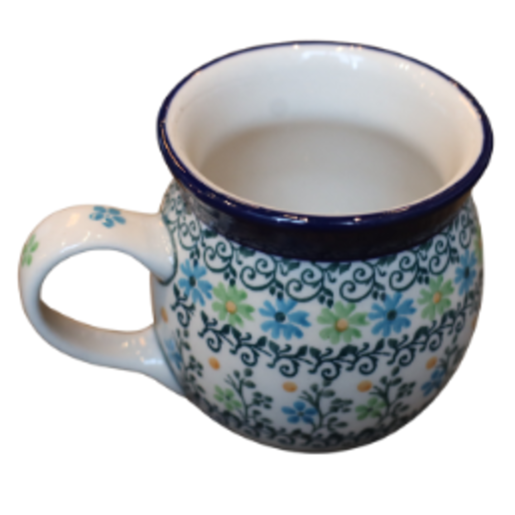 Polish Pottery Bubble Mug 7 oz, Blue/Green Flowers | Polish Pottery