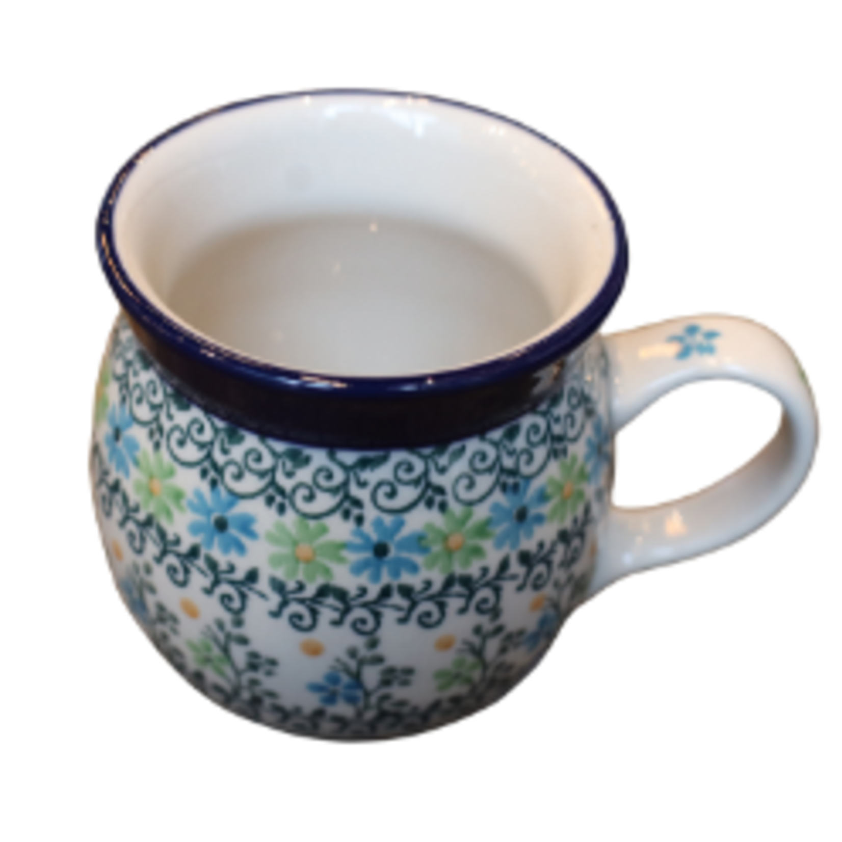 Polish Pottery Bubble Mug 7 oz, Blue/Green Flowers | Polish Pottery