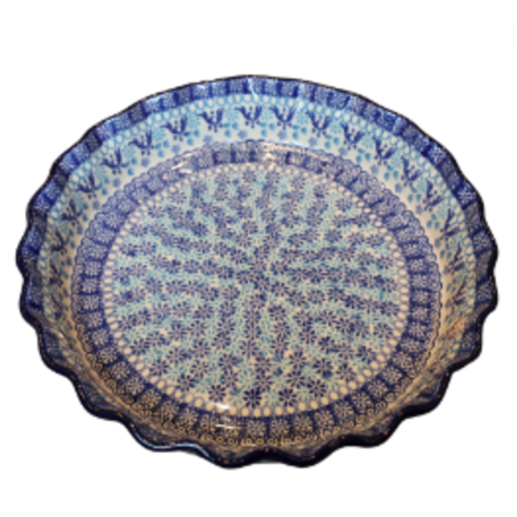 Polish Pottery Fluted Pie Dish, Blue Daisy | Polish Pottery
