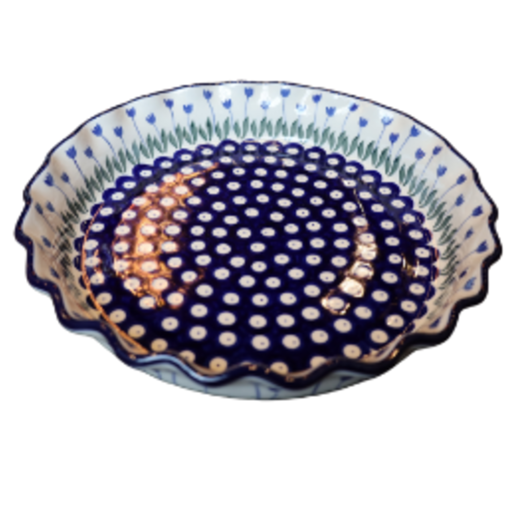 Polish Pottery Fluted Pie Dish, White Dots | Polish Pottery