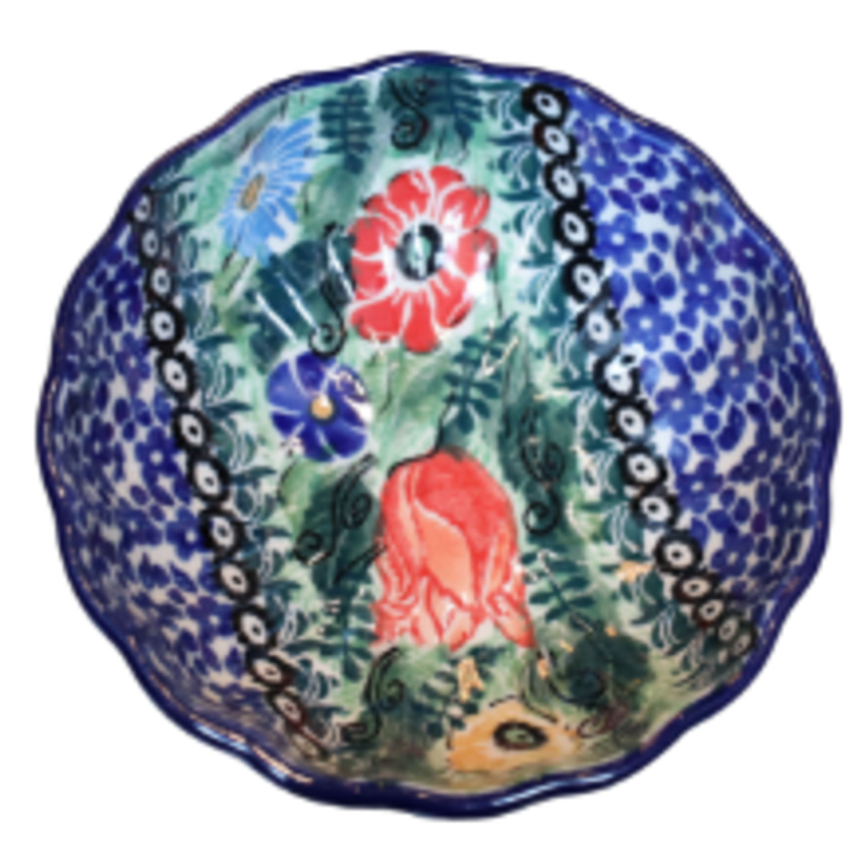 Polish Pottery Scalloped Bowl, 4.5" - UNIKAT, Large Red Flower | Polish Pottery