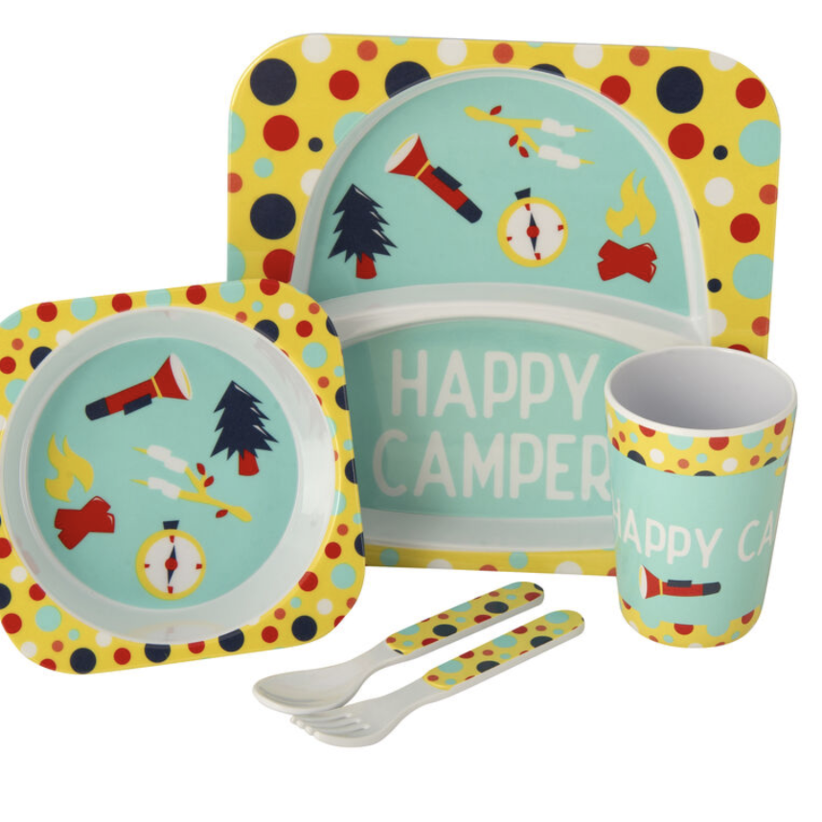 Simple Nest Kid's Happy Camper Food Tray Set, Yellow/Aqua