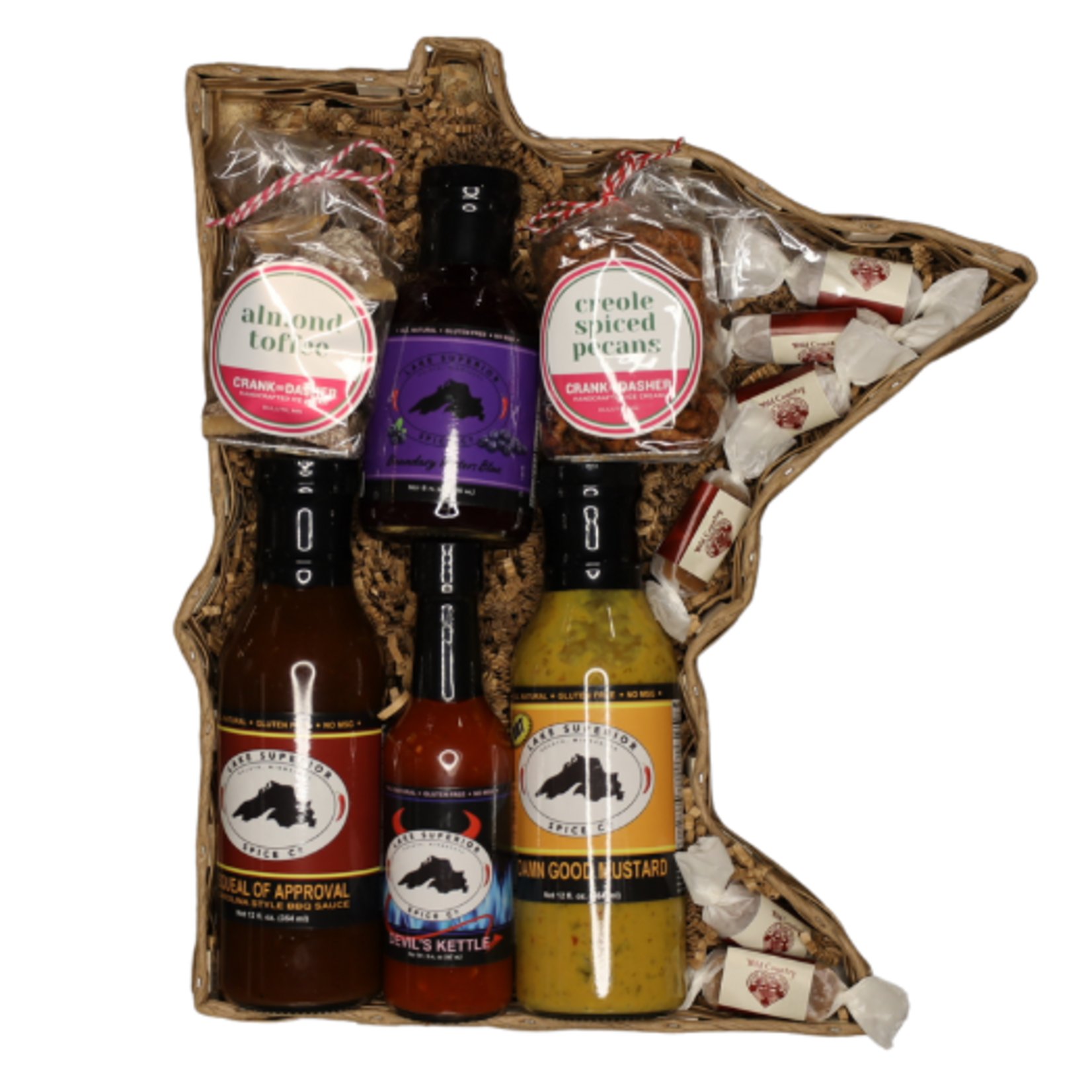 Large MN Shaped Gift Basket, Lake Superior Spice & Crank and Dasher (14")