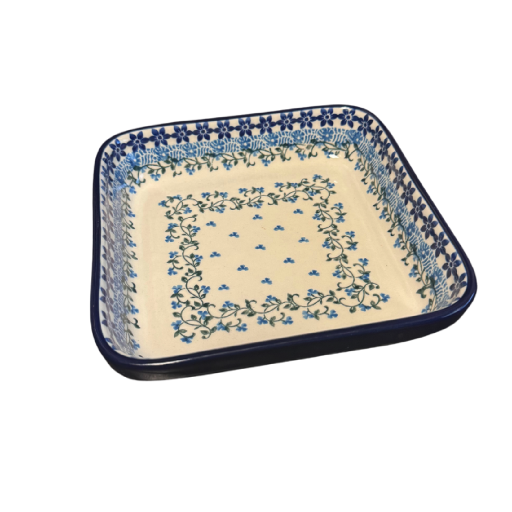 Polish Pottery Square Baker, 7.5", Blue Flowers | Polish Pottery