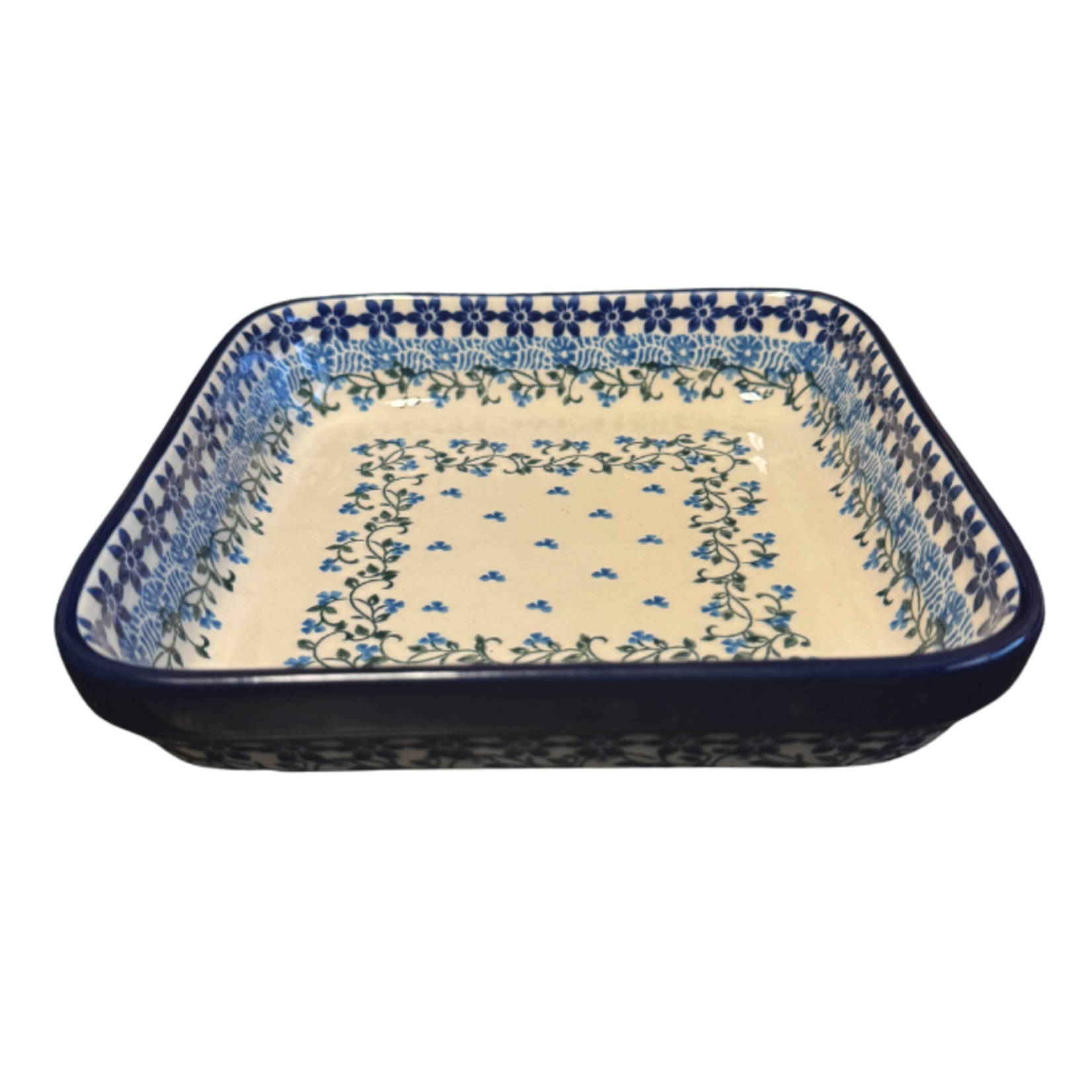 Polish Pottery Square Baker, 7.5", Blue Flowers | Polish Pottery