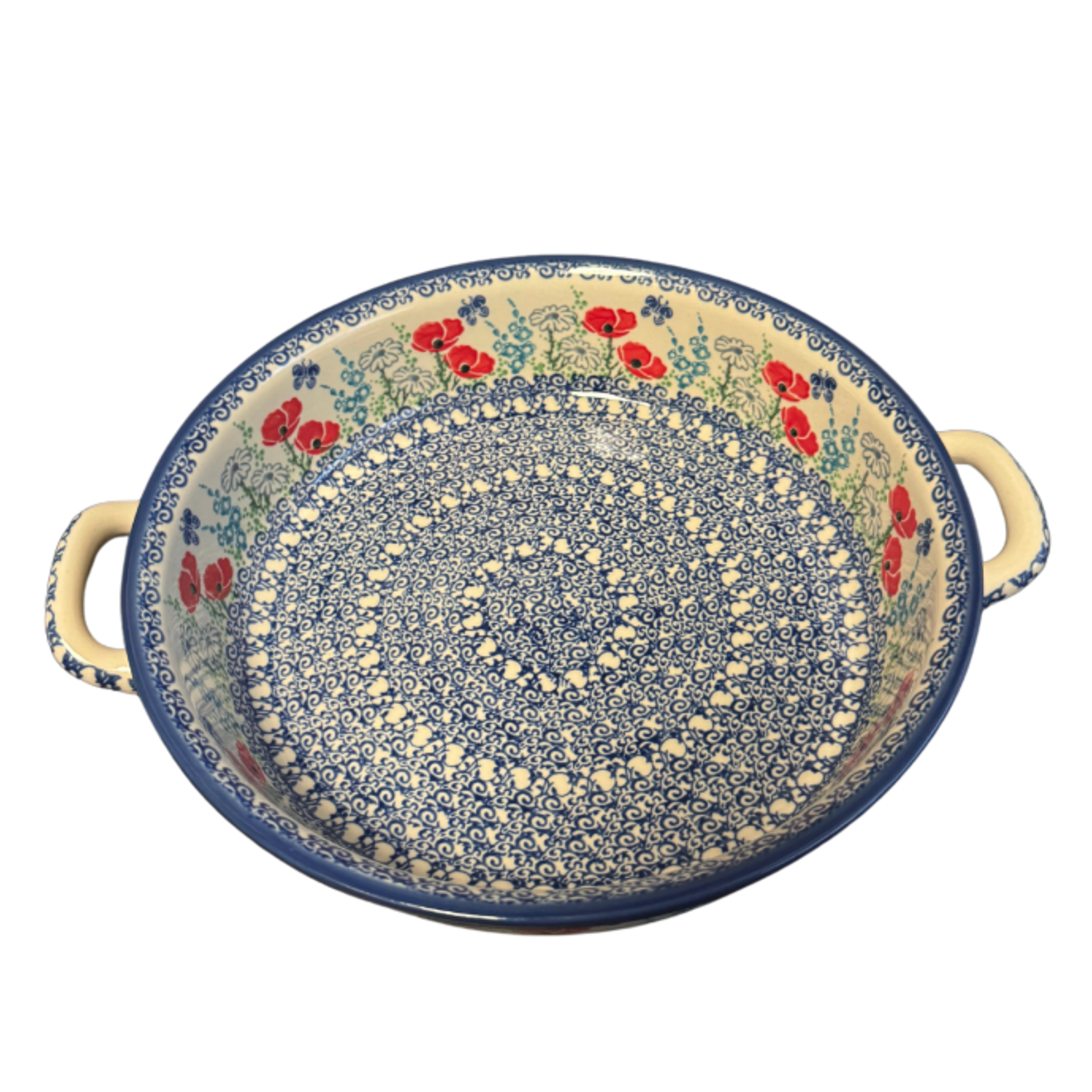 Polish Pottery Polish Round Baker 10", Red Flowers | Polish Pottery