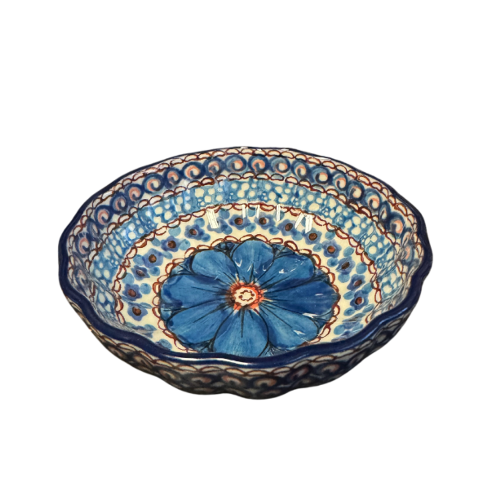 Polish Pottery Scalloped Bowl, 4.5" - UNIKAT, Blue Flower | Polish Pottery