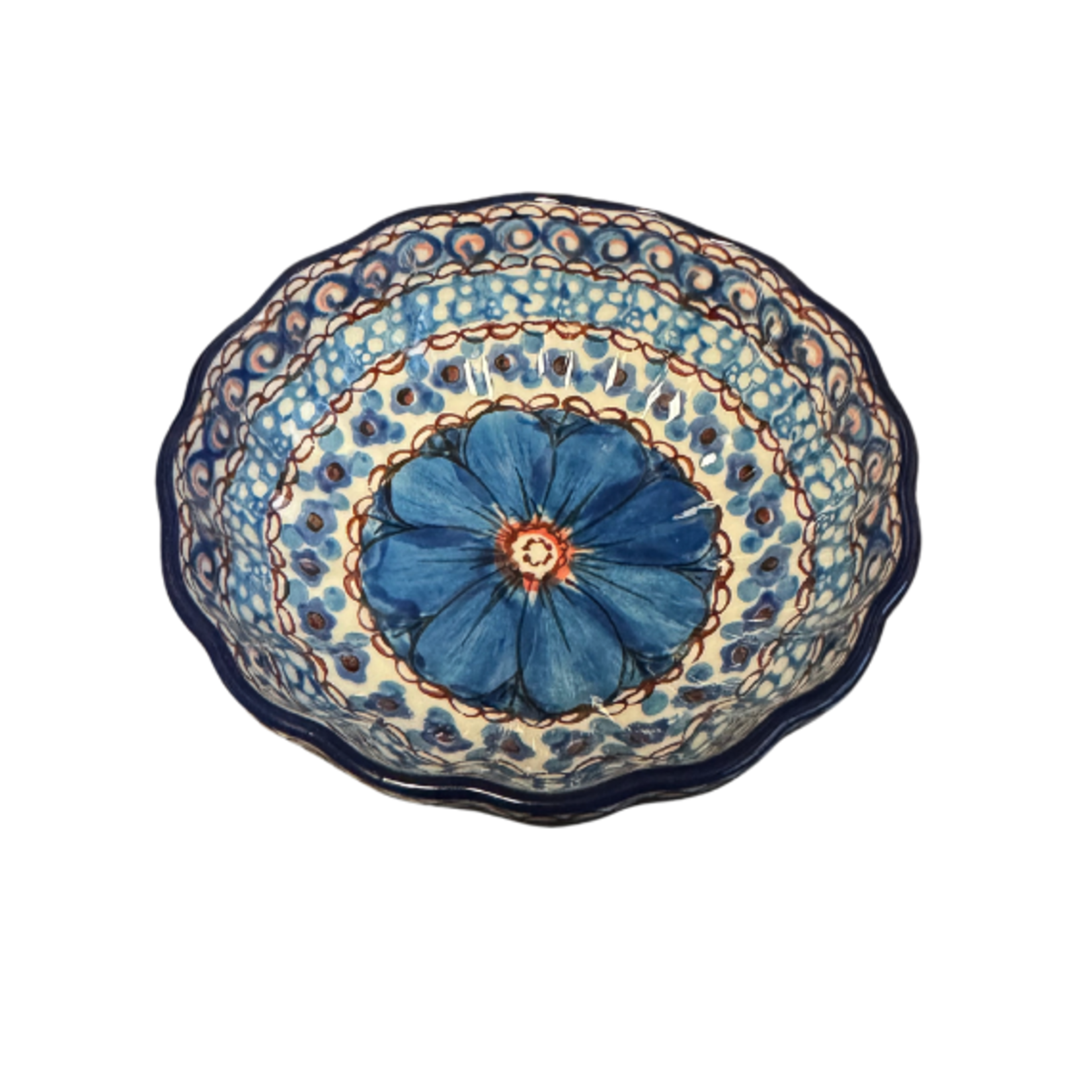 Polish Pottery Scalloped Bowl, 4.5" - UNIKAT, Blue Flower | Polish Pottery